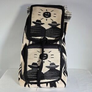Vintage Southwestern Woven Wool Backpack Cream Black Geometric Sun Folk Art Bag
